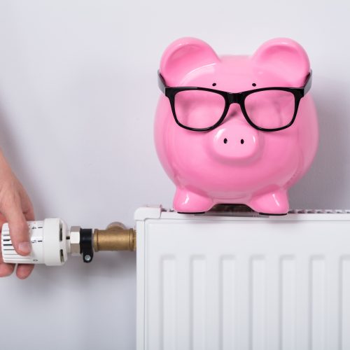 Man's Hand Adjusting Thermostat With Piggy Bank