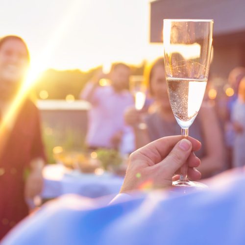 Mature businessman toasting wineglass with colleagues during success party on rooftop